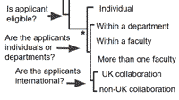 A section of a phylogenetic tree adapted to a complex grant application. The pivot questions in this section are "Is applicant eligible", "Are the applicants international?" leading to different sets of questions